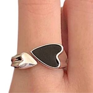 Dark Hearts Silver Tone Black Enamel Heart Punk Emo Goth Adjustable Ring NWOT
